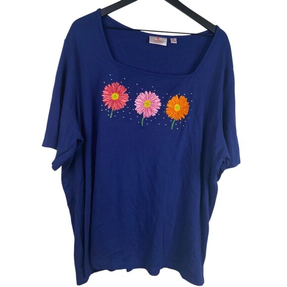 Quacker Factory Tops - Quacker Factory Top Plus Size 3X Rhinestones Studs Embroidered Flower Blue Shirt